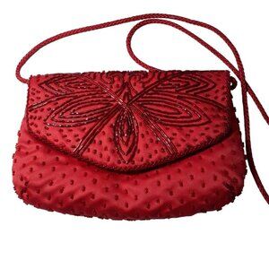 Vintage Courtenay Red Satin Crossbody Bag Glass Beaded Purse Holiday Cocktail